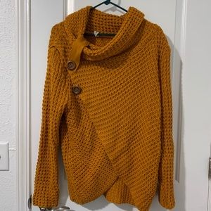 Button Draped Cowl Neck Sweater